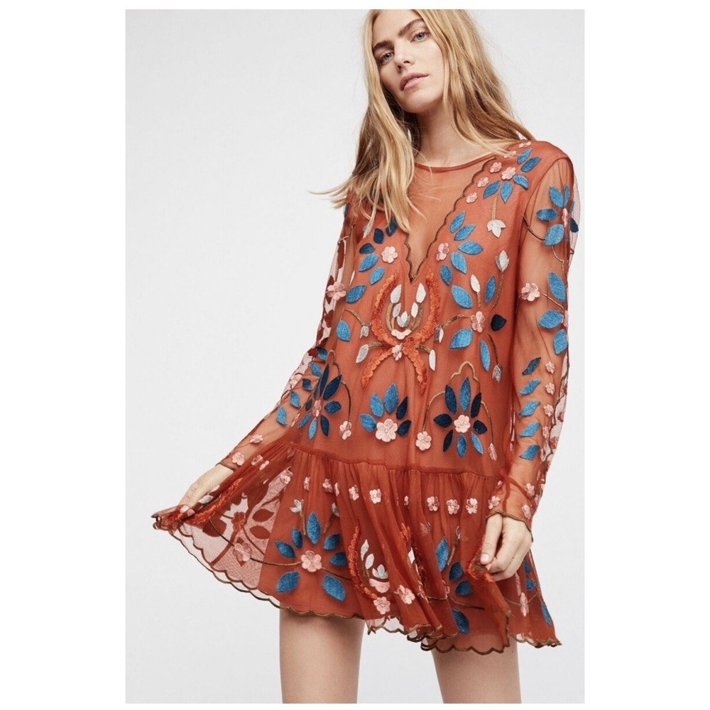Free People Hearts Are Wild Embroidered Tulle Mini Dress Rust Small